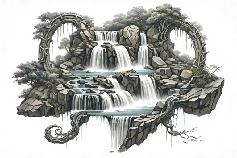 A Tattoo Design Of A Waterfall Made Up Of Various Symbols Representing Different Aspects Of The Mind