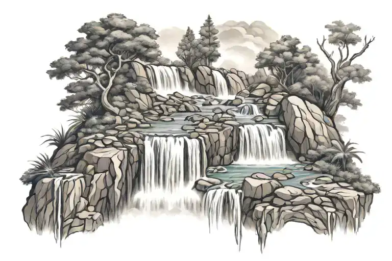 A Tattoo Design Of A Waterfall Made Up Of Various Symbols Representing Different Aspects Of The Mind