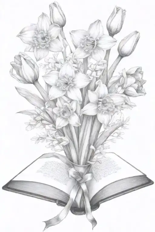 Daffodils And Tulips Bouquet Over An Open Book