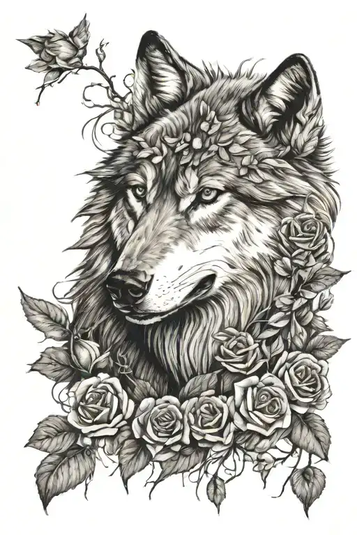 Wolf Surrounded By Roses And Leaves And Thorns
