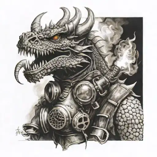 Dragon Blowing Fire At A Gas Mask Looking