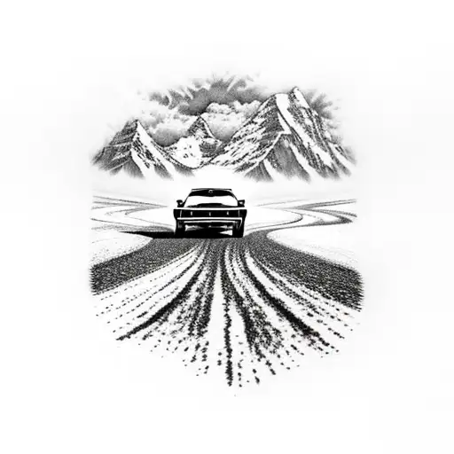 Mountain Range With Road And Fox Body Mustang Driving Down The Road