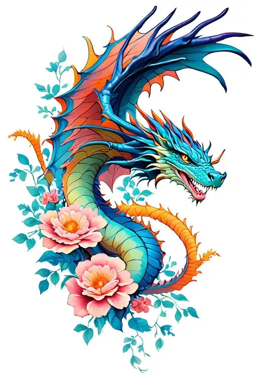 Dragon Flying Down In Flowers