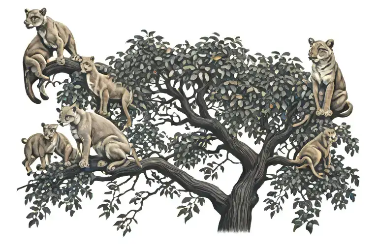 Sycamore Fig Tree Silhouette With 7 Pumas Underneath