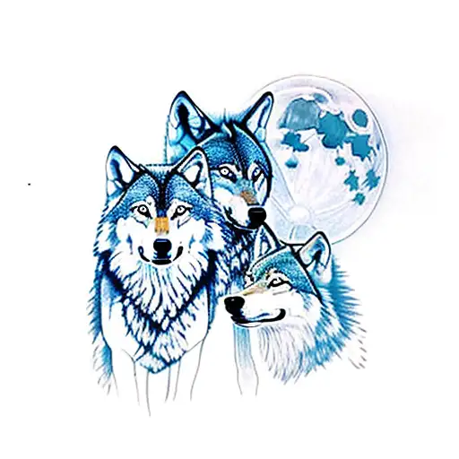 Wolf Family Along With Full Moon