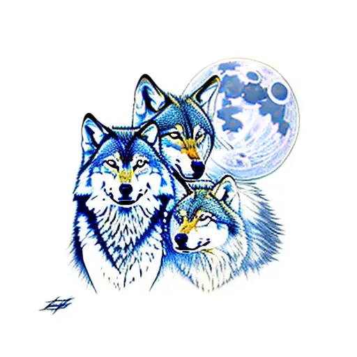 Wolf Family Along With Full Moon In Jungle