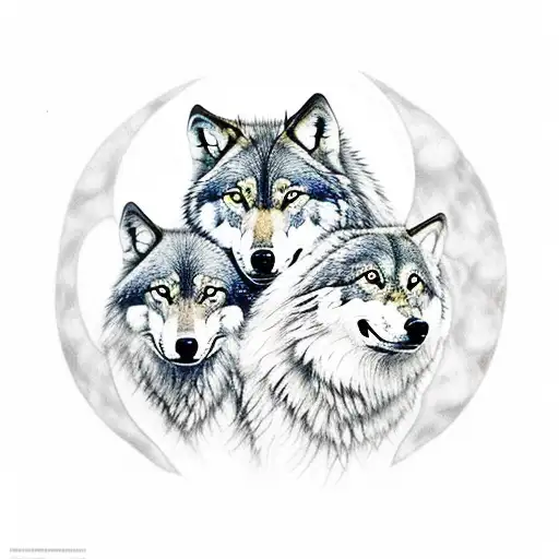 Wolf Family Along With Full Moon In Jungle