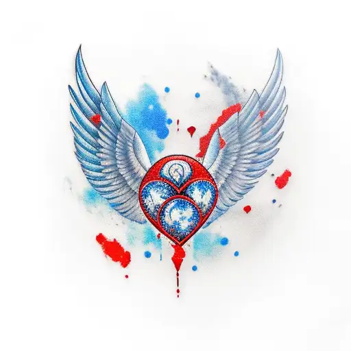 Chest Tattoo Of A Blue And Red Pumping Heart With A Crow With It's Extended Wings On The Background