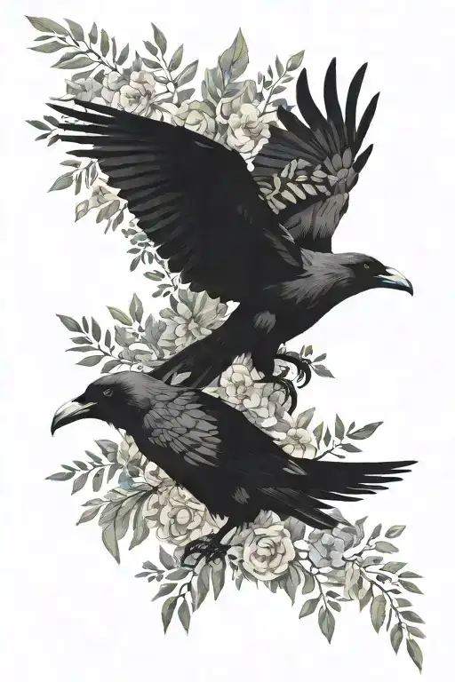 Black Crow And White Crow With Foliage On Background