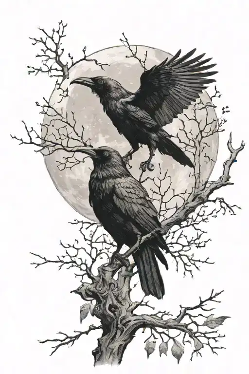 A Black Crow And A White Crow With A Moon In The Background And Branches
