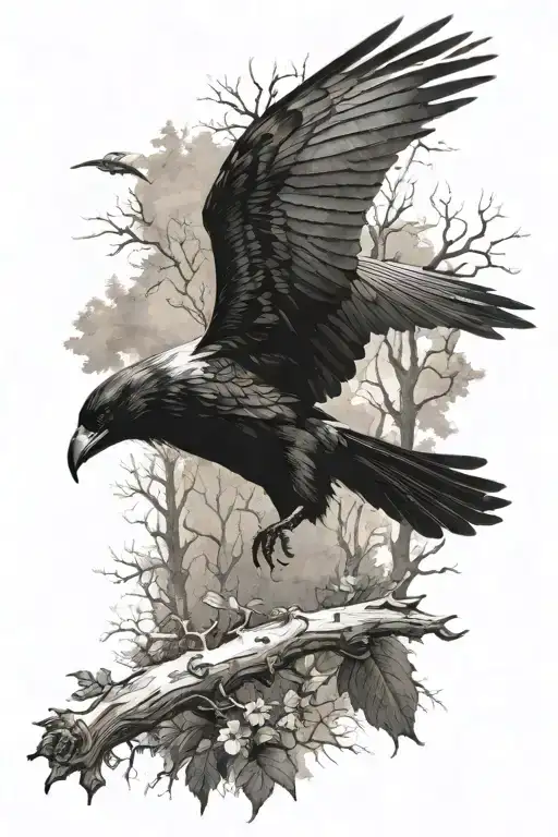 A Tattoo For A Sleeve With A Black Crow And A White Crow Fighting On A Forest Background With A