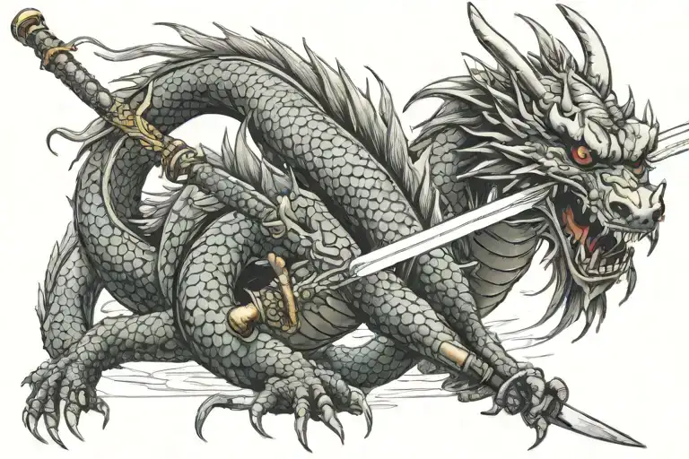Japanes Dragon With Katana Blade Wrapped Length Wise