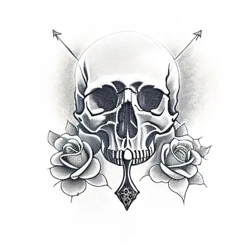 Skull With Rose With Dagger Going Through The Skull