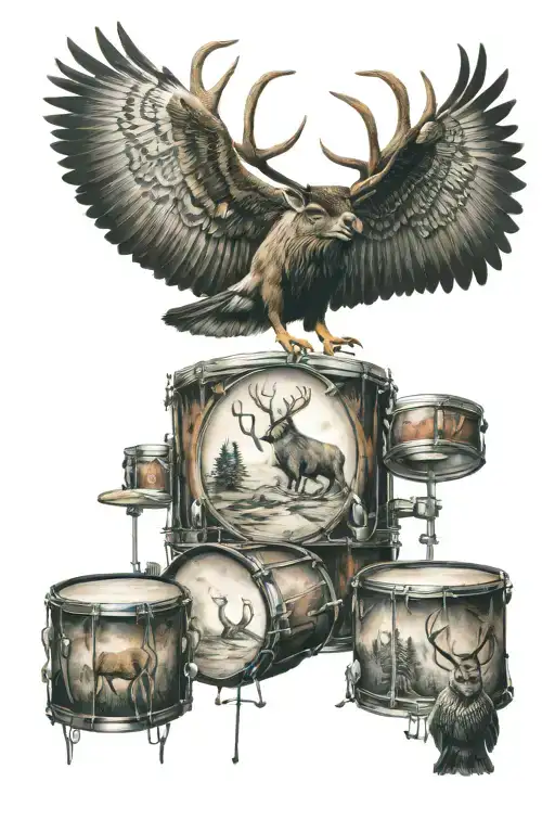 Elk And Owl And Drums And Music Outdoors