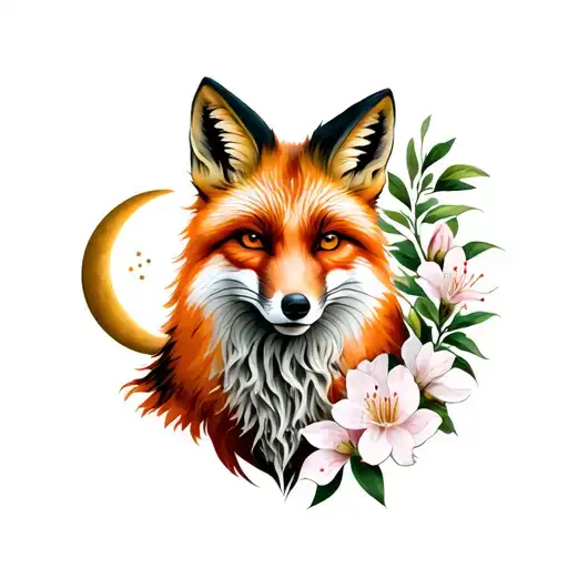Fox With Crescent Moon And Rhodedendron