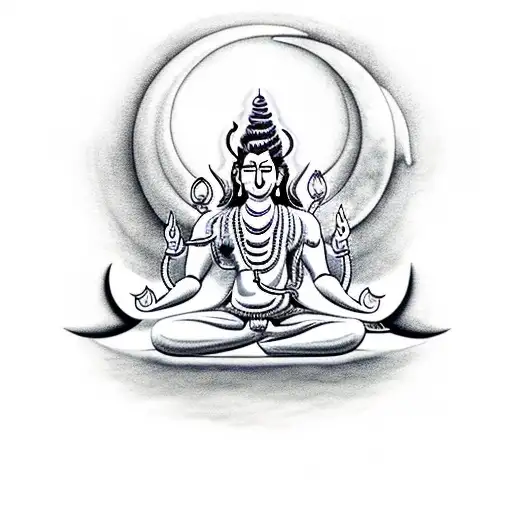 A Minimalist Tattoo Of Lord Shiva Meditating Under A Crescent Moon