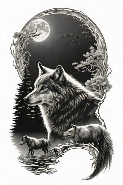Wolf Howling At The Moon With Horses Running In Water