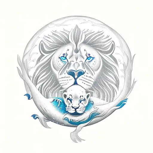 Whale In Water With Lion On Land With Cubs And A Tree With An Eagle