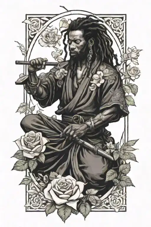 Black Samurai With Dreadlocks Meditating In Rose Garden