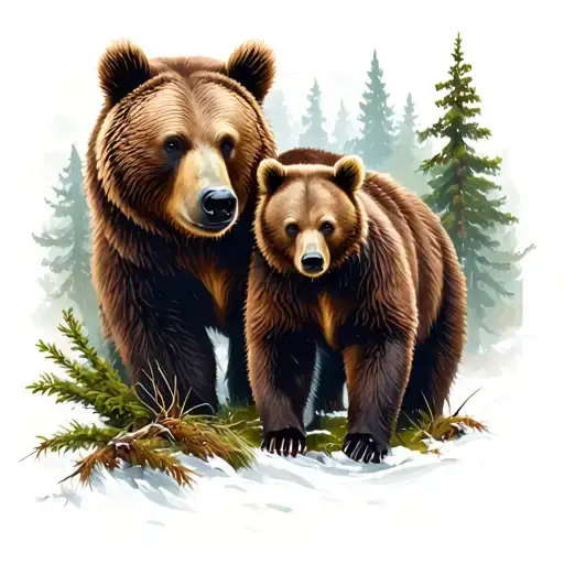 Bear Protecting Cubs In Forest