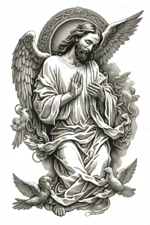 Jesus Praying And Angels Flying