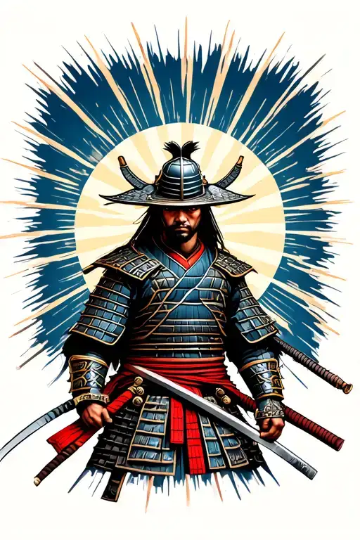 Samurai Warrior With Big Japanese Sun Rays Behind