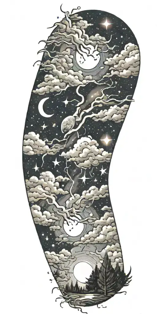 Night Sky Filled With Constellations Moon Thunderstorm Lightning Bolts