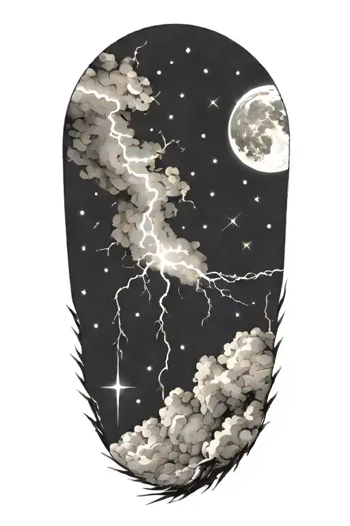 Night Sky Filled With Constellations Moon Thunderstorm Lightning Bolts