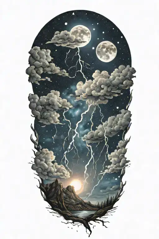 Night Sky Filled With Constellations Moon Thunderstorm Lightning Bolts