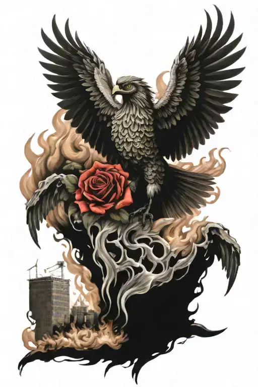 Phoenix Bird Carrying A Rose Out Of A City On Fire