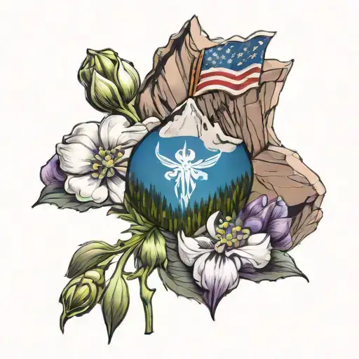 Rocky Mountains With A Columbine Flower With The Colorado Flag