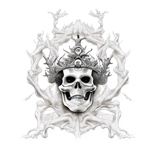 Skeleton King On A Throne With The Roots From A Tree Hanging Overhead