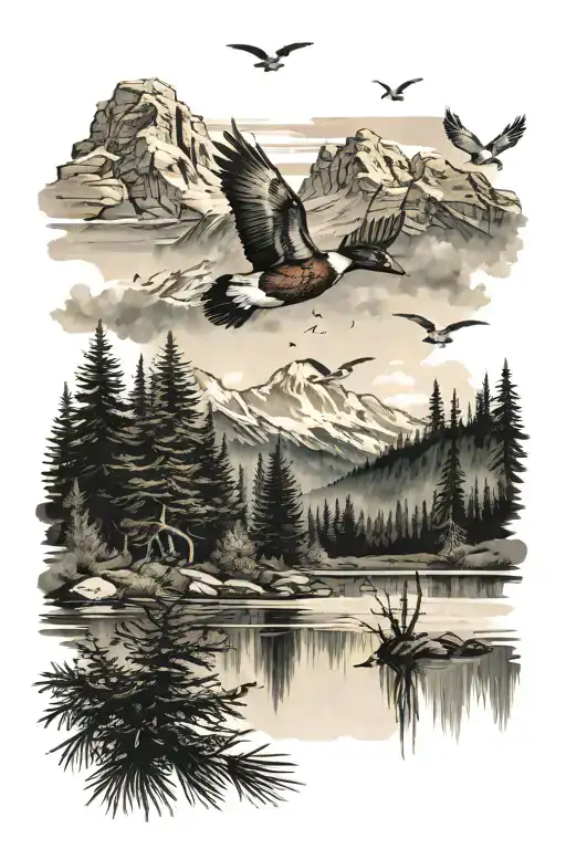 Pond With Ducks Flying Around With Mountains In The Background Pine Tress All Around It