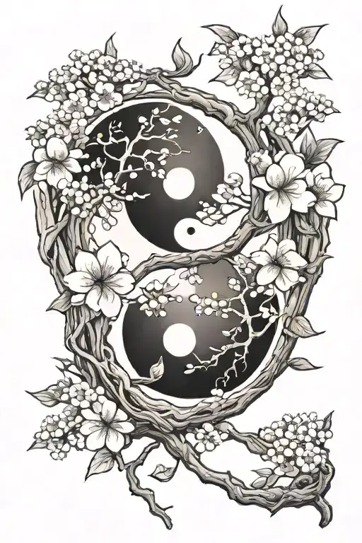 Ying Yang In Cherry Blossom Tree Intertwined