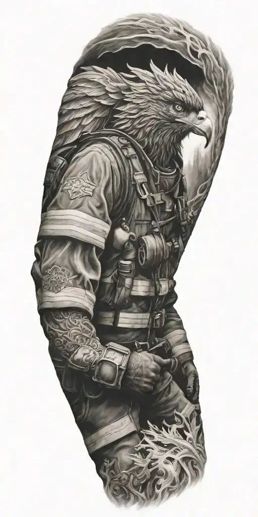 Firefighter Sleeve Tattoo Featuring Phoenix