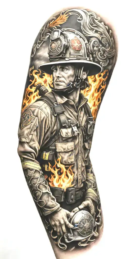 Firefighter Sleeve Tattoo Featuring Phoenix