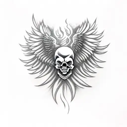 Skull With A Phoenix Emerging From The Top In Flames