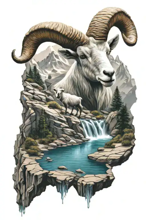 Water Through Mountains With Ram Goat