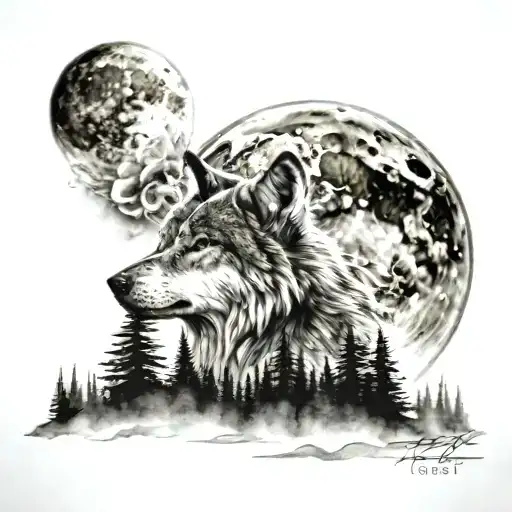 Wolf And Moon Tattoo With A Backdrop Of Mountains Below