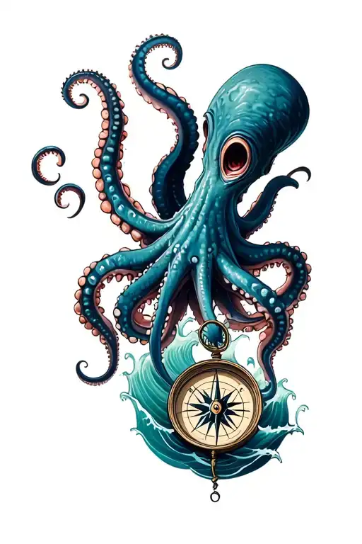 Mean Kracken Octopus In Ocean With Nautical Compass In Middle With Waves