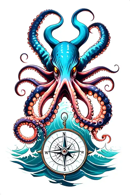 Angry Kracken Octopus In Ocean With Nautical Compass In Middle With Waves