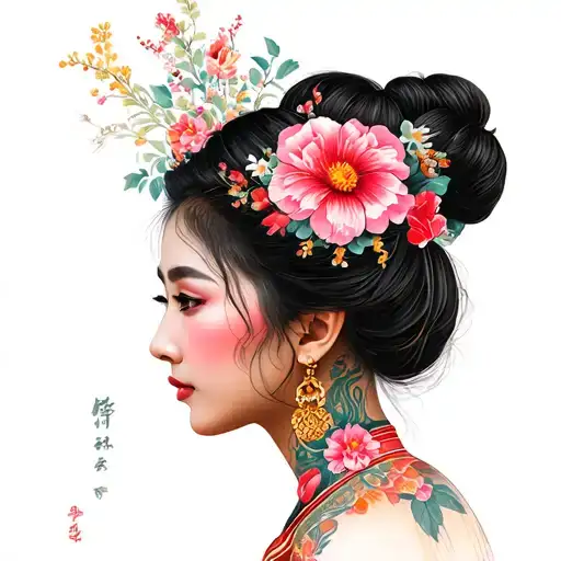 Side Profile Of A Beautiful Hmong Woman With Florals