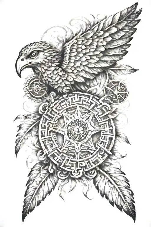 A Detailed Half Sleeve Wing With The Mayan Calender Blended At The Top