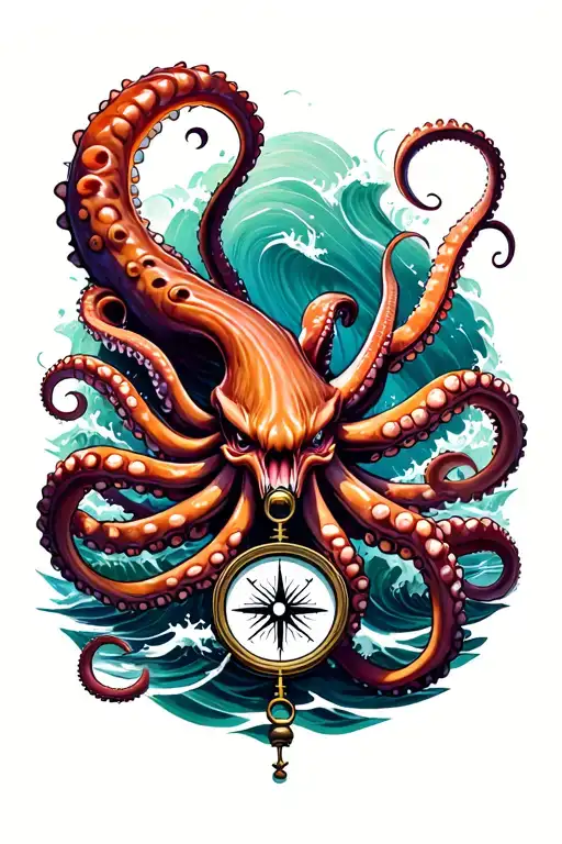 Angry Kracken Octopus In Ocean With Nautical Compass In Middle With Waves