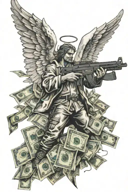 Angel With Ak47 In Hand With Dollars Flying Around