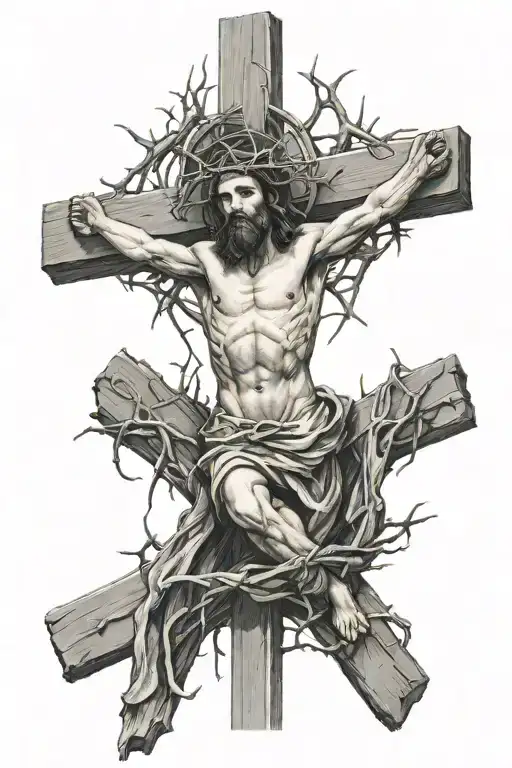 Jesus On Roman Cross With Thorns Wrapped