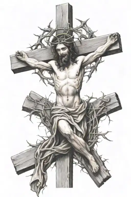 Jesus On Roman Cross With Thorns Wrapped