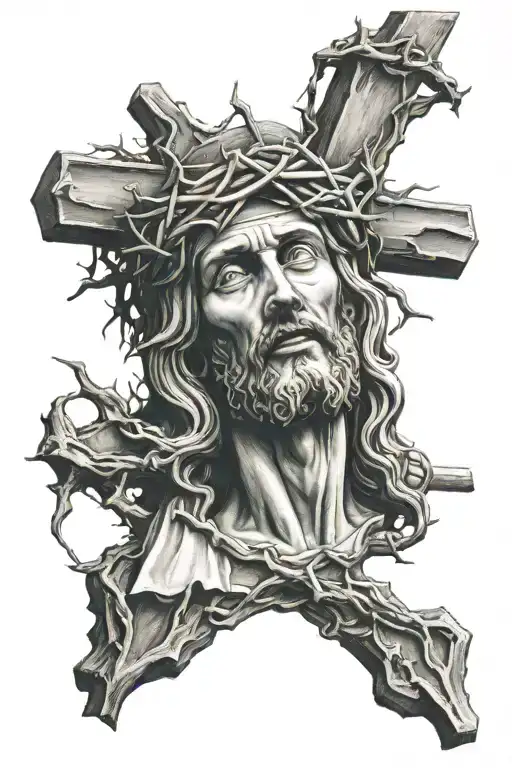 Jesus On Roman Cross With Thorns Wrapped