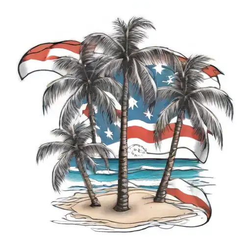 Beach Shore With Palm Trees And Puerto Rican Flag Intertwined