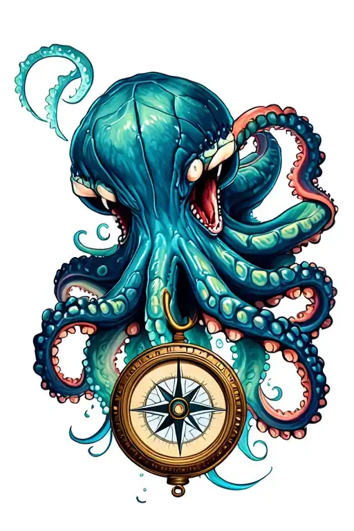 Angry Kracken Octopus In Ocean With Nautical Compass In Middle With Waves